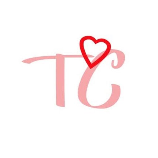 This is the logo for romance author T. Christensen. It has a pink, capital T and a pink, capital C. There is red heart slightly above the T and C that touches both letters and is slightly above them.