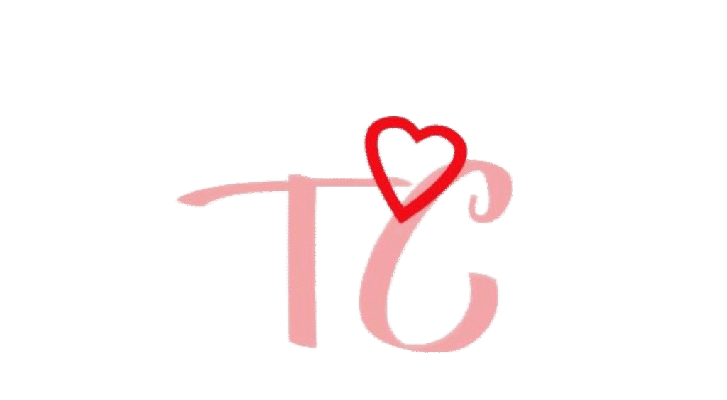 This is the logo for romance author T. Christensen. It has a pink, capital T and a pink, capital C. There is red heart slightly above the T and C that touches both letters and is slightly above them. 