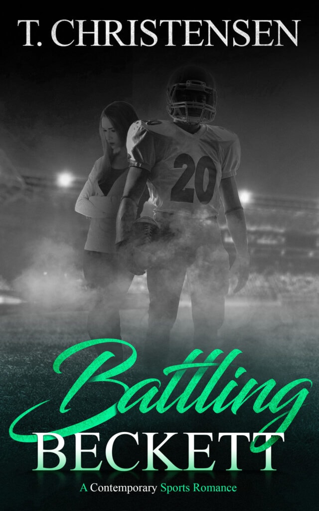 Black and white cover for Battling Beckett. The background is of a football stadium at night. Stadium lights are highlighting the foggy night and the couple standing in the middle of the field. He is front and center wearing a football uniform, with the number twenty on his jersey. His facial features are not recognizable because he has a helmet on. He is holding a football at this side. She is slightly behind him standing at a ninety-degree angle to him. Her arms are crossed and she is looking at the ground. She has a light-weight coat on, with a black shirt underneath and wearing jeans. The title Battling Beckett is green and on the bottom of the cover. 