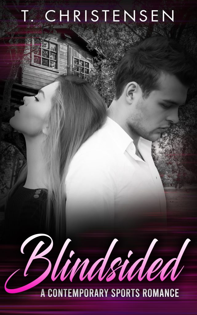 Black and white cover for Blindsided. The background is trees with a treehouse. The foreground has a man and a woman standing back-to-back. Their sides are facing us. She is leaning on him. Her eyes are closed, has long blond hair, and a has black shirt on. Her neck is elongated so she can rest her head on his back. His head is bent, looking at the ground. He has a white, button down shirt on. His hair is short and dark. There is a five o'clock shadow on his face. The bottom of the cover has deep violet horizontal lines on it and the title Blindsided over the top of the lines. The title is hot pink and located on the bottom of the cover.