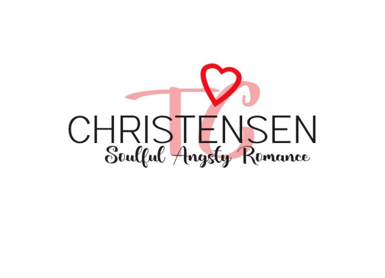 T. Christensen logo. It has a white background. Capital letter T and C are in pink with a red heart interlaced with the top of the T and C. Christensen is in all black letters over the top of the pink TC. The words soulful, angsty, romance are below Christensen