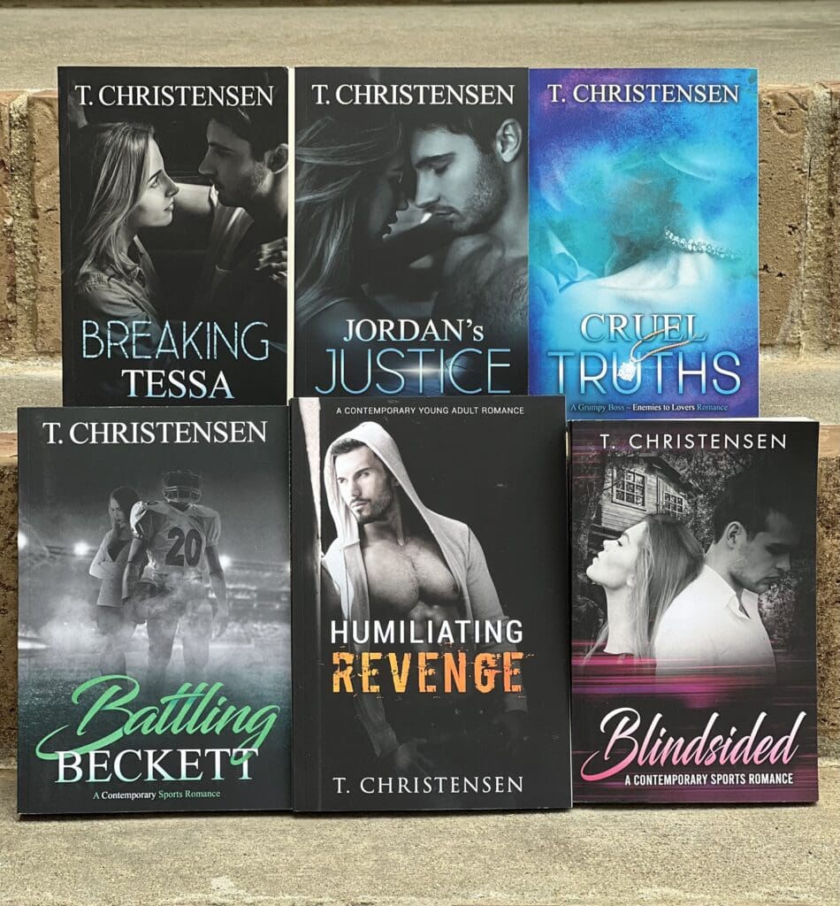 Six books are standing on the steps of a porch. The top step has Breaking Tessa, Jordan's Justice, and Cruel Truths. The bottom step has Battling Beckett, Humiliating Revenge, and Blindsided.